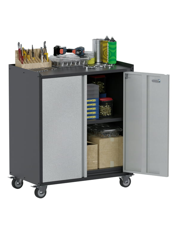 AOBABO Metal Tool Chest Cabinet with 2 Doors,Garage Tool Cabinet on Wheels,Assembly required