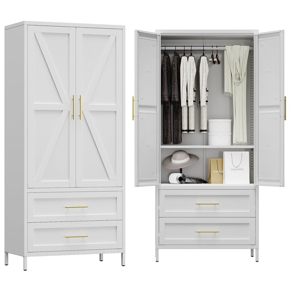 AOBABO Metal Wardrobe Cabinet with 2 Drawer, 71" H Metal Armoire Wardrobe Closet with Adjustable Shelf and Hanging Rod for Home,White