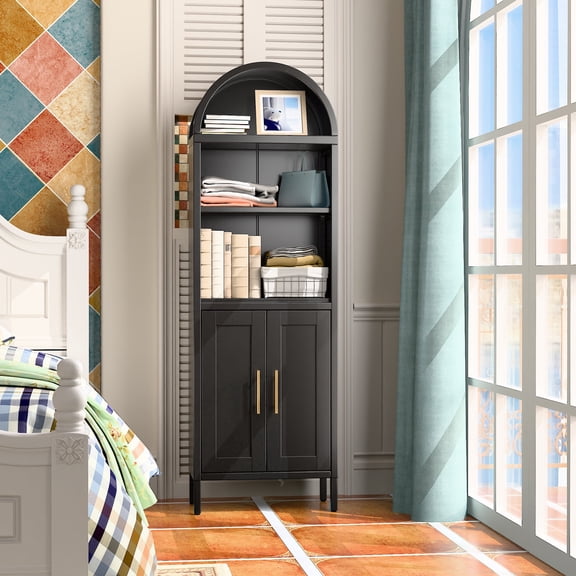AOBABO Modern Arch Storage Cabinet, Metal Freestanding Arched Bookcase,Kitchen Pantry Cabinets for Home,Black