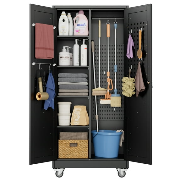 Aobabo Metal Garage Storage Cabinet with Wheels & 4-Shelf,Broom Closet Storage Cabinet with Pegboard and Hanging Rod for Home Office,Assembly Required,Black