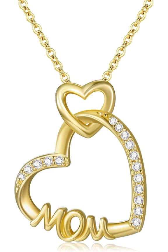 0.15cttw Real Diamond Mothers Necklace Sterling Silver 18K Yellow Gold Plated Mom Heart Pendant Necklaces Mothers Day Birthday Jewelry Gift