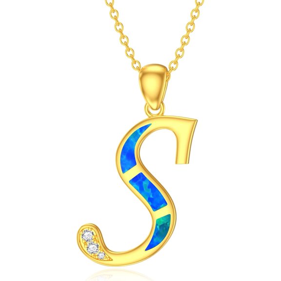 AOBOCO 10K 14K 18K Gold Large Initial Necklace with Opal Cubic Zirconia/Diamond Gold Alphabet A-Z Script Initial Pendant Necklace Gift for Women Men