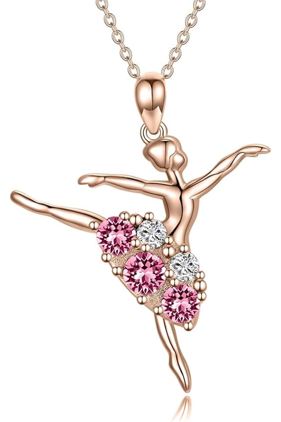 AOBOCO 10K 14K 18K Solid Gold Ballerina Ballet Dancer Pendant Necklace with 12 Months Birthstone Crystal from Austria, Gold Birthstone Jewelry Ballet Recital Gifts for Women