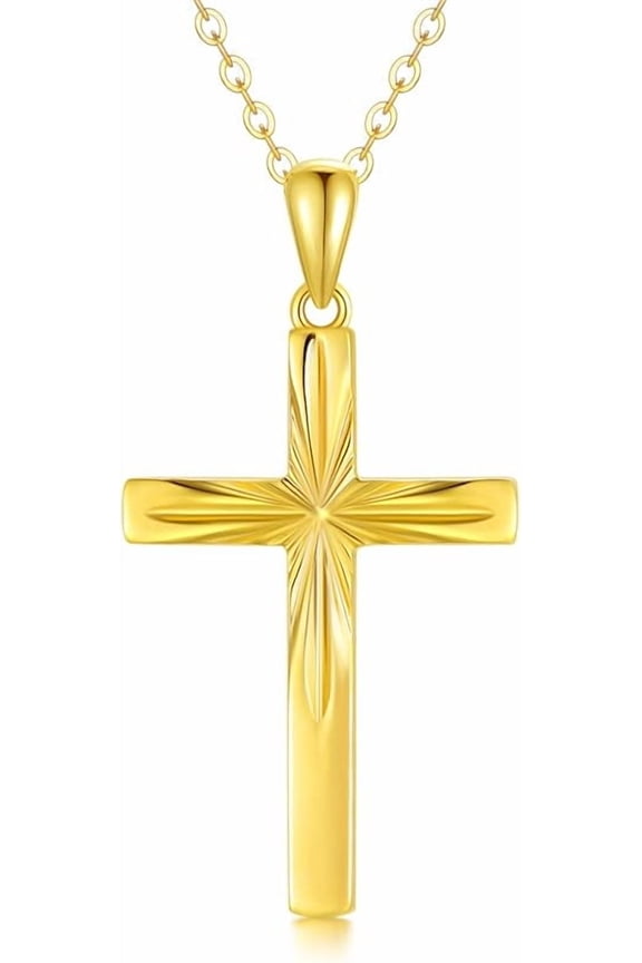 14K Solid Gold Cross Necklace for Women, Delicate Gold Italian Diamond-cut Cross Pendant Necklace Religious Jewelry for Her, Wife, Mom, 16"-18"