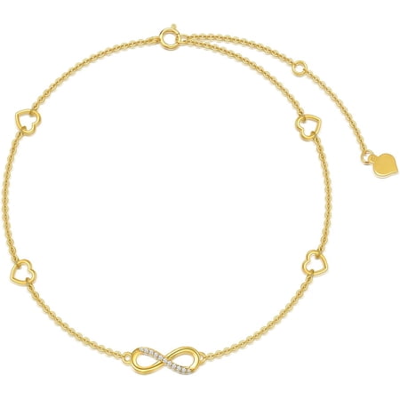AOBOCO 14K Solid Gold Infinity Anklets for Women - Real Gold Infinity Heart Link Chain Foot Ankle Bracelet Jewelry Adjustable 8"-10" Chain