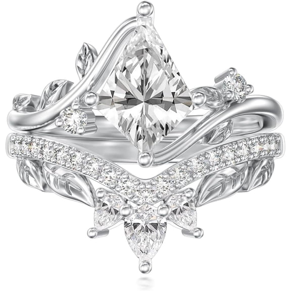 AOBOCO 2 ct Moissanite Leaf Wedding Rings Set Kite/Oval/Pear/Coffin Cut White Gold 925 Sterling Silver Vintage Leaves Band Engagement Bridal Sets Promise Rings for Women Wife