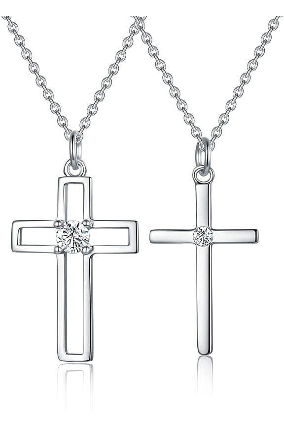 2PCS 925 Sterling Silver Cross Necklace with Diamond, Jewelry Gift for Couple, Best Friends