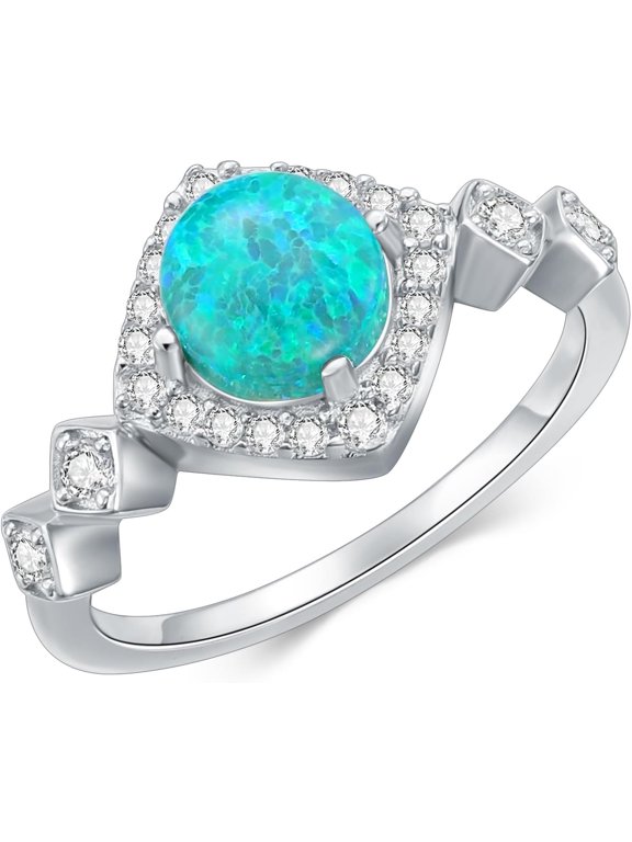 925 Silver Green Round Opal Ring with Zircon Square Surround Statement Ring Cat's Eye Jewelry for Women (Ring Size 5-9)