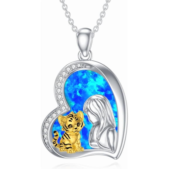 AOBOCO 925 Sterling Silver Animal Companion Series Opal Necklace for men and Women Giraffe/Tiger/Dog/Cat/Bear/Deer/Cow/Fox