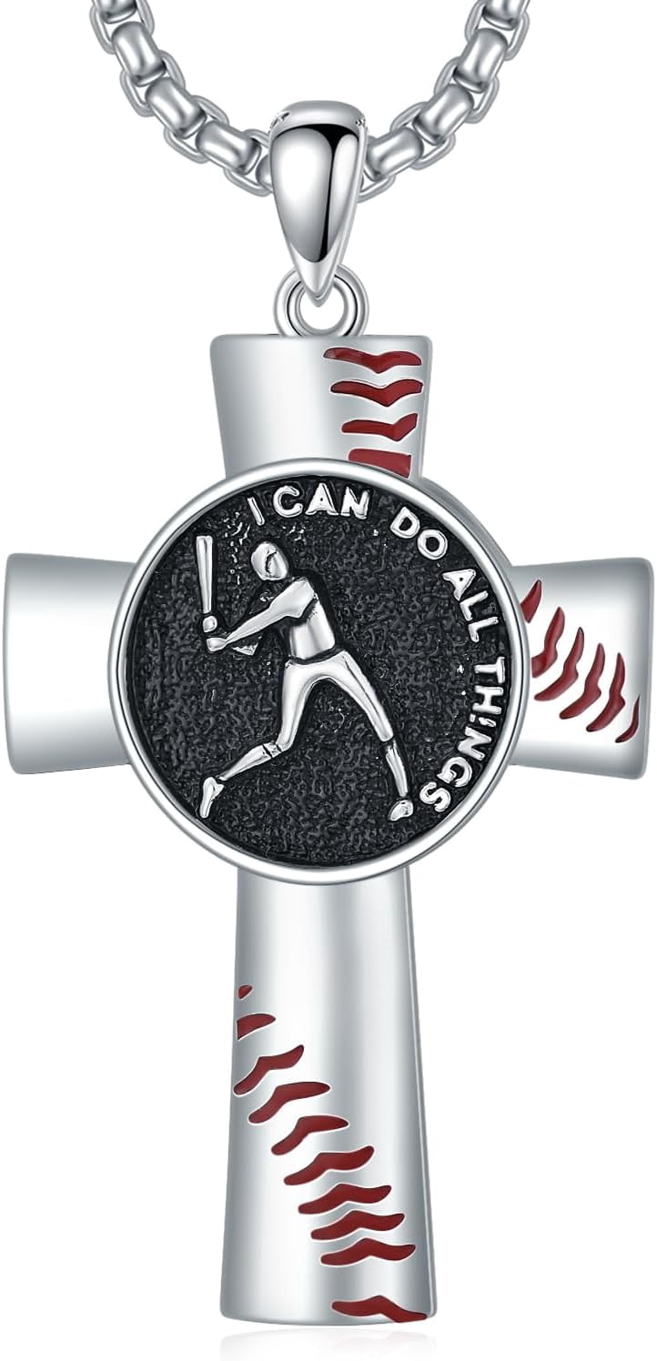 AOBOCO 925 Sterling Silver Baseball Cross Necklace for Men Softball ...
