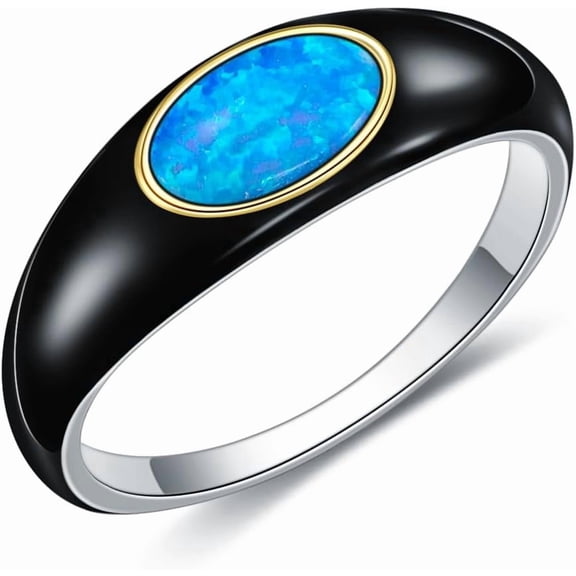 AOBOCO 925 Sterling Silver Black Gold Plated and Yellow Gold Blue Cat's Eye Stone Ring Engagement Ring for Women/Men Opal Promise Ring Valentine's Day Gift