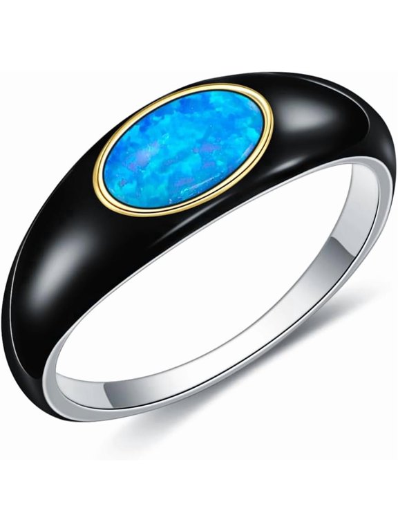 925 Sterling Silver Black Gold Plated and Yellow Gold Blue Cat's Eye Stone Ring Engagement Ring for Women/Men Opal Promise Ring Valentine's Day Gift