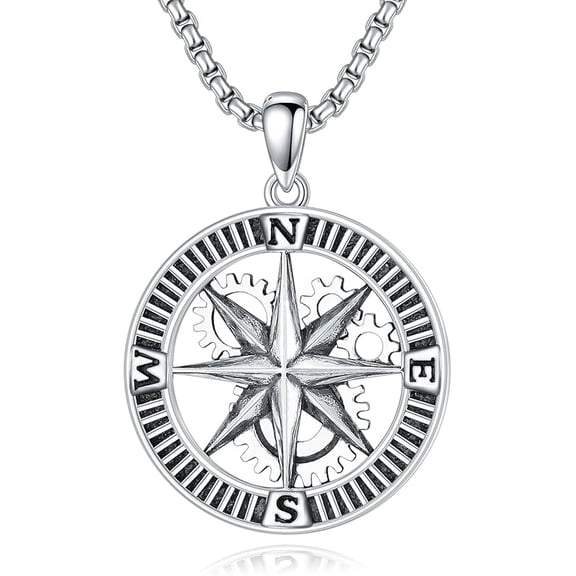 AOBOCO 925 Sterling Silver Compass Necklace for Men, w/Stainless Steel Chain 22+2 Inch