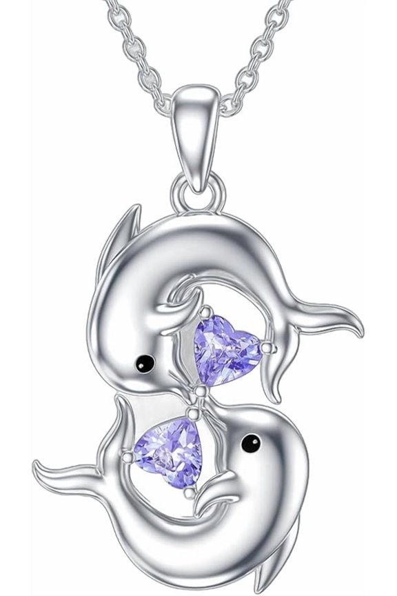 925 Sterling Silver Double Dolphin Birthstone Necklace for Women Heart Crystal Gemstone Birthstone Pendant for Her