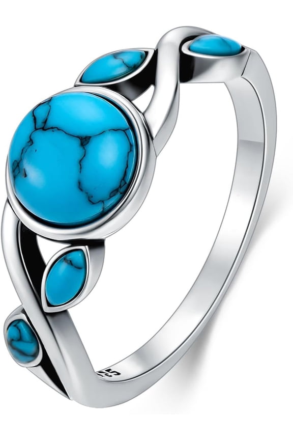 925 Sterling Silver Genuine Turquoise Round Twisted Leaf Ring Boho Dainty Jewelry for Women