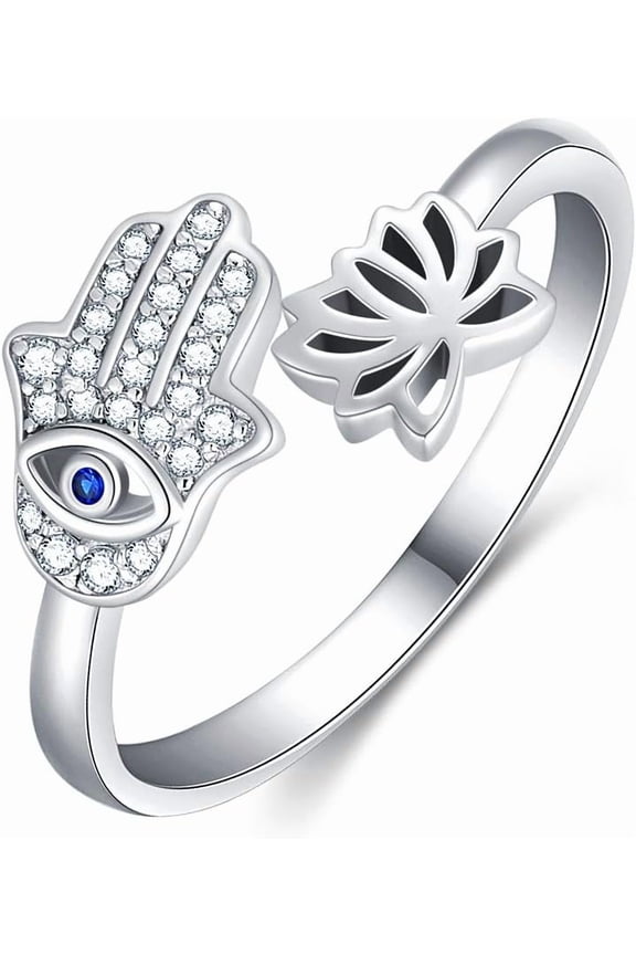 925 Sterling Silver Hamsa Hand of Fatima & Lotus Ring Evil Eye Adjustable Open Ring Jewelry Gift for Women