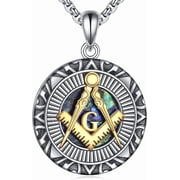 AOBOCO 925 Sterling Silver Masonic Necklace for Men Women, Freemason Signet Freemasonry Pendant Mason Master Necklaces Fine Jewelry Gifts for Him, 22"+2"