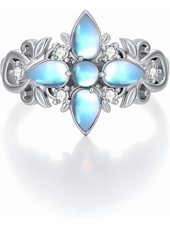 925 Sterling Silver Moonstone Moissanite Fashion Engagement Ring Women's Jewelry
