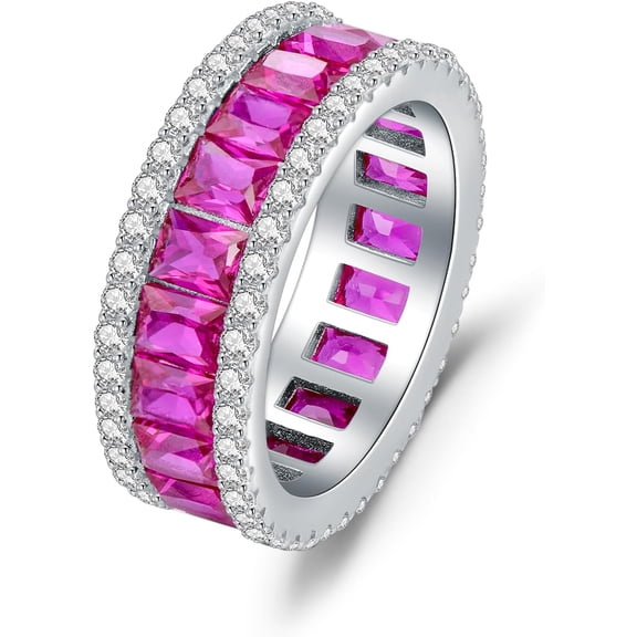AOBOCO 925 Sterling Silver Princess Cut Pink Sapphire Wedding Engagement Ring Full Pave Cubic Zirconia Eternity Anniversary Ring White Gold Plated 7mm Stackable Ring for Women Size 5-10