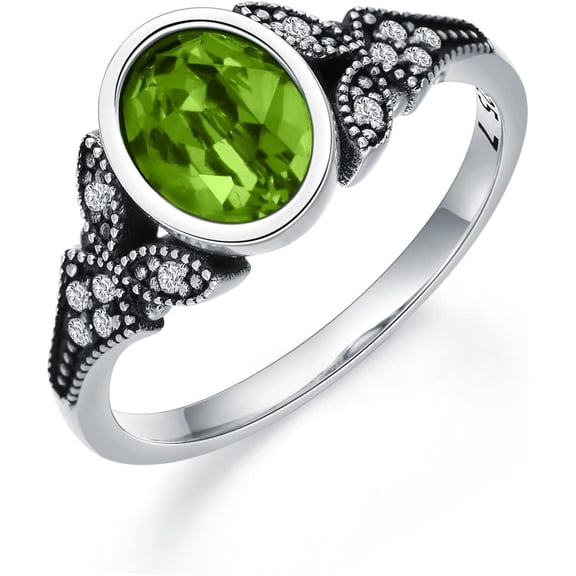 AOBOCO 925 Sterling Silver Retro Vintage Oxidized Band Ring with 8 * 6 mm Oval Cut Birthstone Rings Crystal Birthday Jewelry Gifts for Women