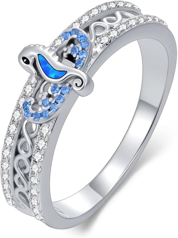 925 Sterling Silver Seahorse Ring Infinity Blue Opal Sea Animal Rings Seahorse Ring for Women Ocean Jewelry Size 7-9