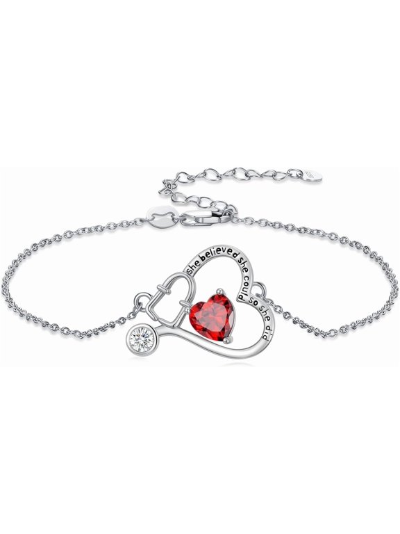 925 Sterling Silver Stethoscope Heart Bracelet,Engraved"She Believed She Could So She Did"with 6mm Heart Birthstone,Inspirational Medical RN Registered Nurse Doctor Graduation Gifts for Women