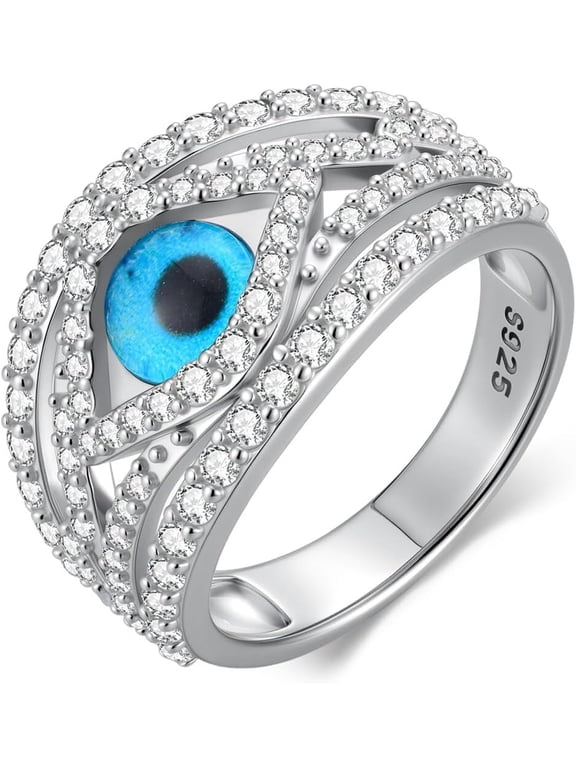 925 Sterling Silver Turkish Evil Eye Rings for Women Pave 5A Cubic Zirconia Twist Devil's Eye Resin Patch Stacking Ring(3.5-12)