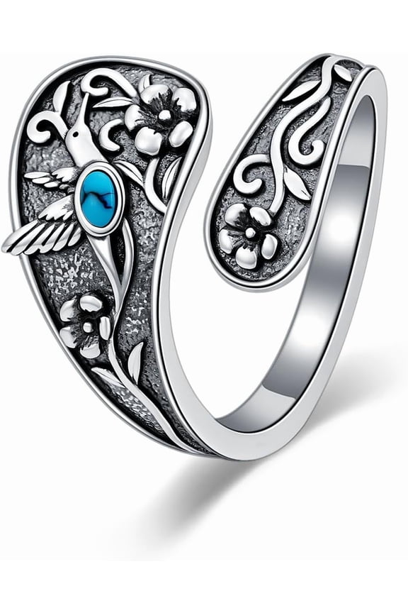 AOBOCO 925 Sterling Silver Turquoise Exquisite Oxidized Animal Spoon Ring Boho Style Adjustable Rings Jewelry Gifts for Women Mother