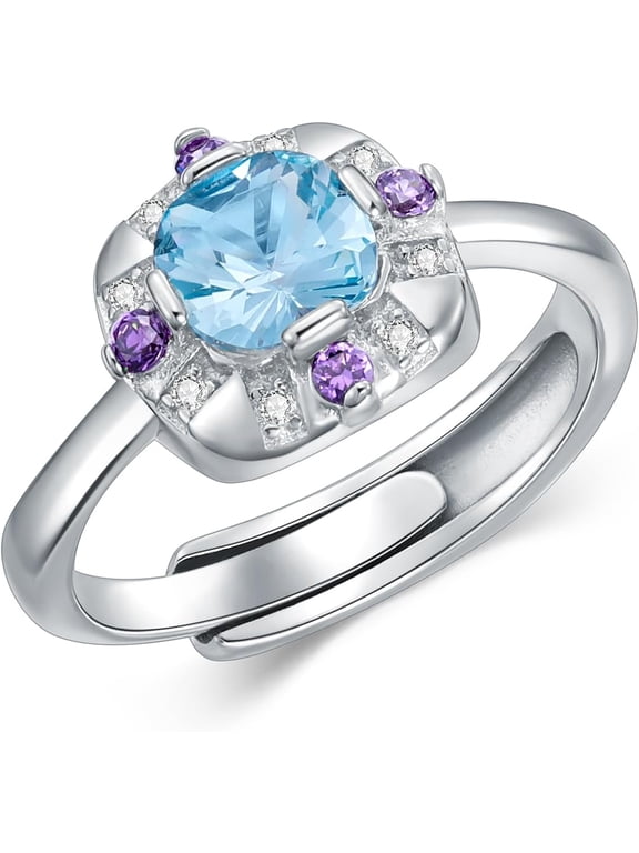 Amethyst/Sapphire/Aquamarine Ring for Women 925 Sterling Silver Gemstone Engagement Anniversary Rings Birthstone Ring Adjustable size 7