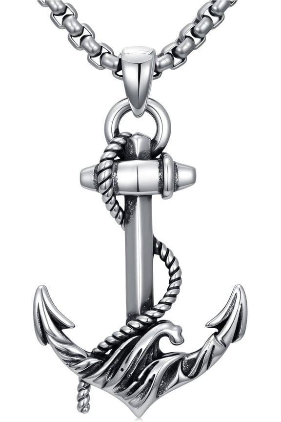 Anchor Necklace 925 Sterling Silver Wave Anchor Pendant Navy Jewelry for Men, w/Stainless Steel Chain 22+2