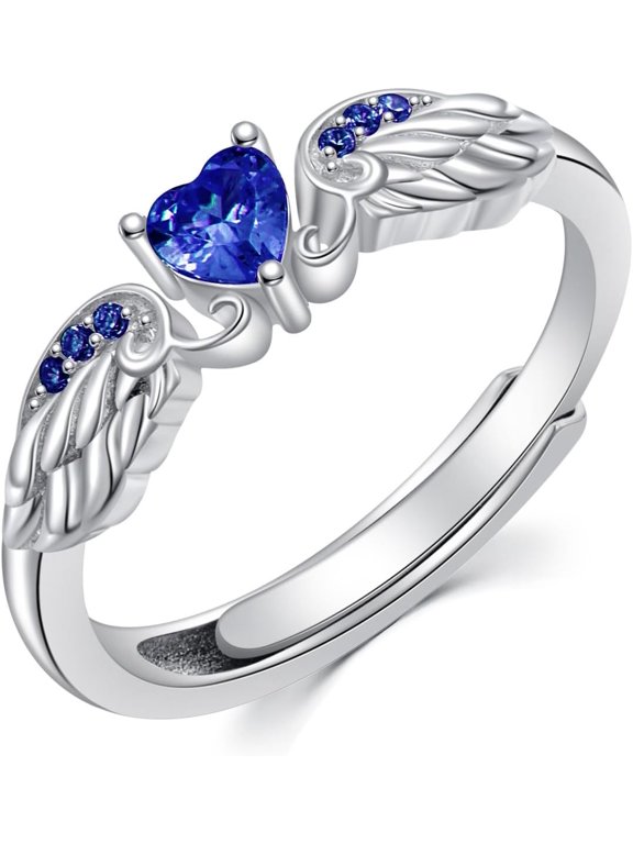 Angel Promise Ring 925 Sterling Silver Angel Wings Heart-Shaped Ring Women's Angel Commemorative Ring with Heart-Shaped Birthstone Promise Ring Adjustable Size 7