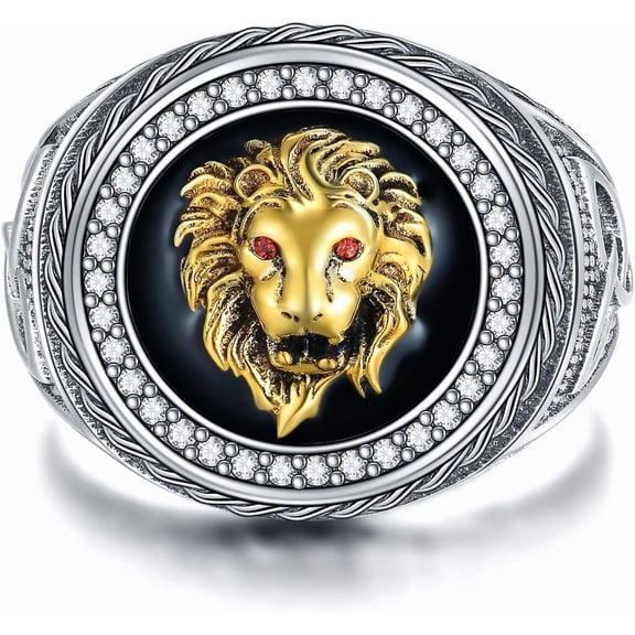 AOBOCO Animal Kingdom The King Lion Head Ring, 925 Sterling Silver Men Lion Rock Ring Gift for Men Father Friend