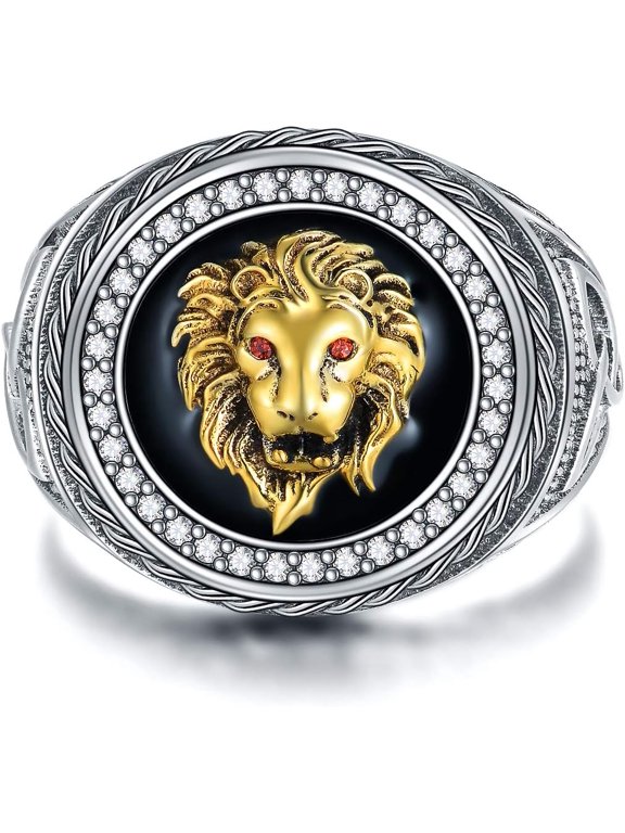 Animal Kingdom The King Lion Head Ring, 925 Sterling Silver Men Lion Rock Ring Gift for Men Father Friend