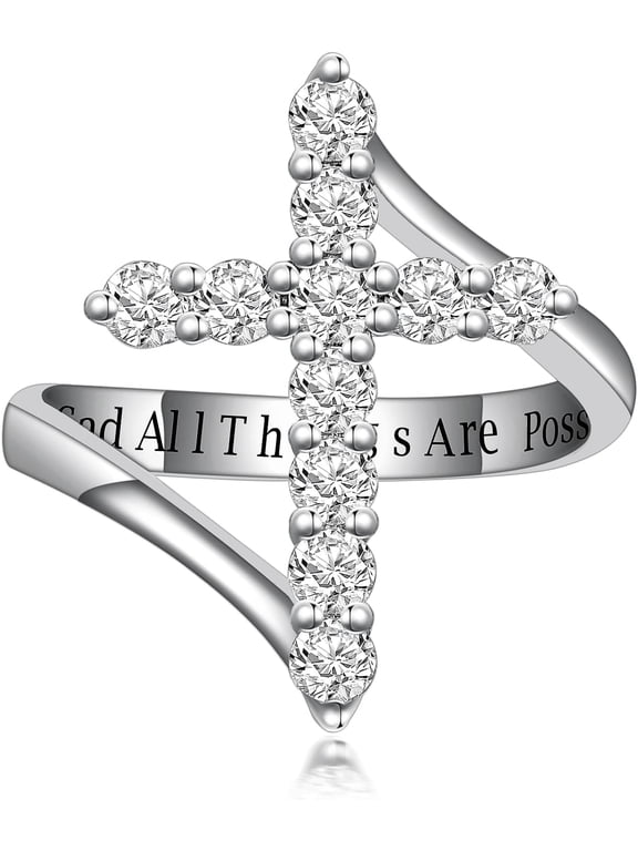 Baptism Gifts Moissanite Cross Ring in 925 Sterling Silver Customizable in Gold Diamond Ring Faith Hope Religious Jewelry With God All Things Are Possible Size 4-18