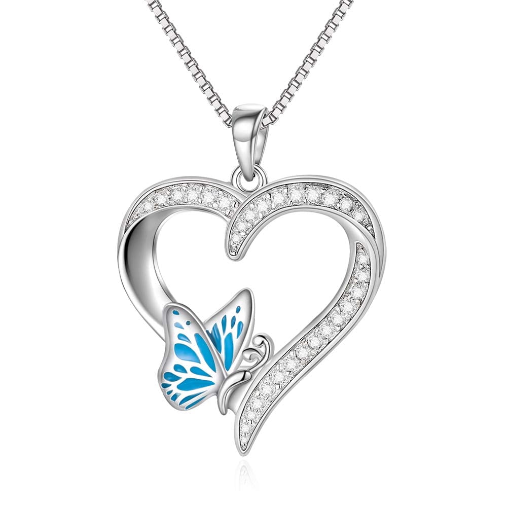 AOBOCO Christmas Gifts for Women, Butterfly Necklace Sterling Silver Heart Pendant with Butterfly Necklace for Women