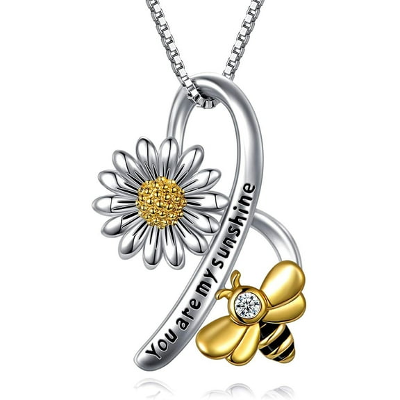 AOBOCO Birthday Gifts for Women You are My Sunshine Bee Necklace 925 Sterling Silver Sunflower Necklace Sunflower Jewelry Gifts for Women Mom Mama Nana