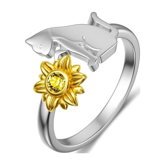 AOBOCO Birthday Gifts for Her, Cat Ring Sterling Silver Sunflower Rings with Cat Kitty, Cute Cat Jewelry Gifts for Women