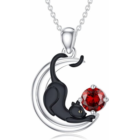 AOBOCO Black Cat Birthstone Necklace Cat on Moon Pendant Necklace Jewelry Gift for Women