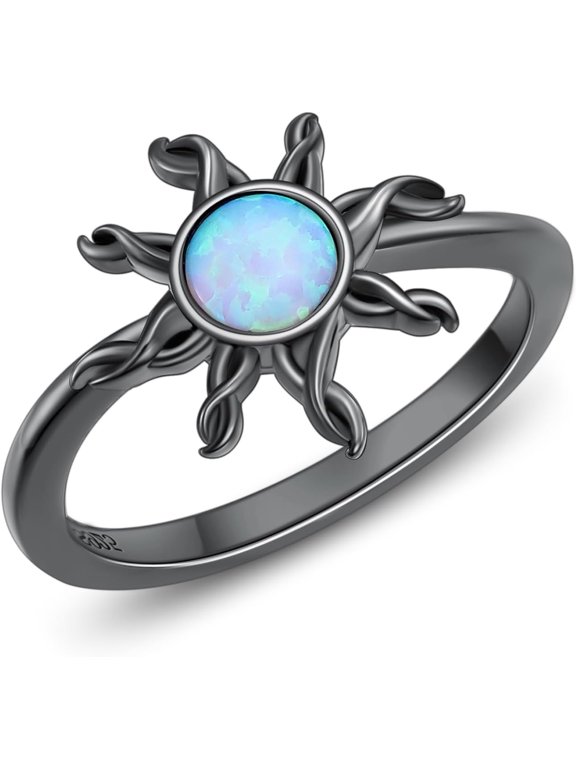 Black Opal Rings,Dainty Daisy Sun Sunflower Sunshine Ring Sterling Silver Men Women Opal Engagement Promise Ring Opal Ring Jewelry Gift for Hers Him Ring Size 5-9-1