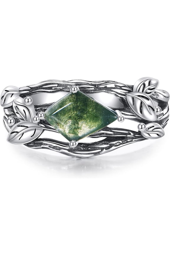 Black Oxidized Moss Agate Ring in Rectangular/Hexagonal/Kite/Pear Shape for Women, 925 Sterling Silver Vintage Green Stone Engagement Ring with Vine Leaf Design, Suitable for Wife