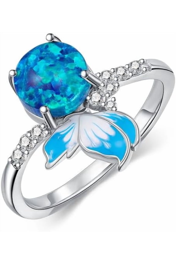 Blue Opal Butterfly Ring, S925 Sterling Silver Butterfly Ring Blue Opal Engagement Ring Gift for Anniversary Birthday Mother's Day