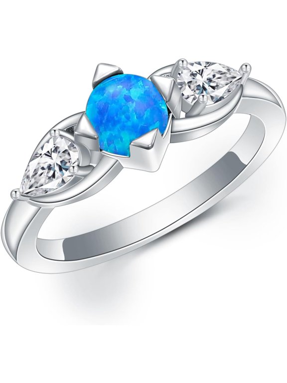 Blue Opal Rings,Opal Promise Ring for Women, Silver Women Opal Rings,Blue Opal Engagement Promise Bride Bridal Ring for Women Size 5-9-1