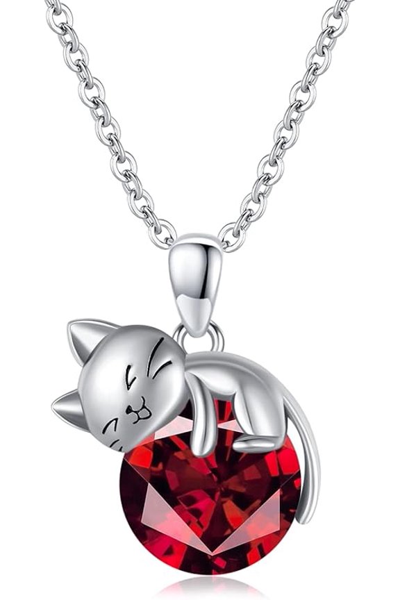 Cat Necklace with Birthstone 925 Sterling Silver Cat Pendant Necklace Gift for Women