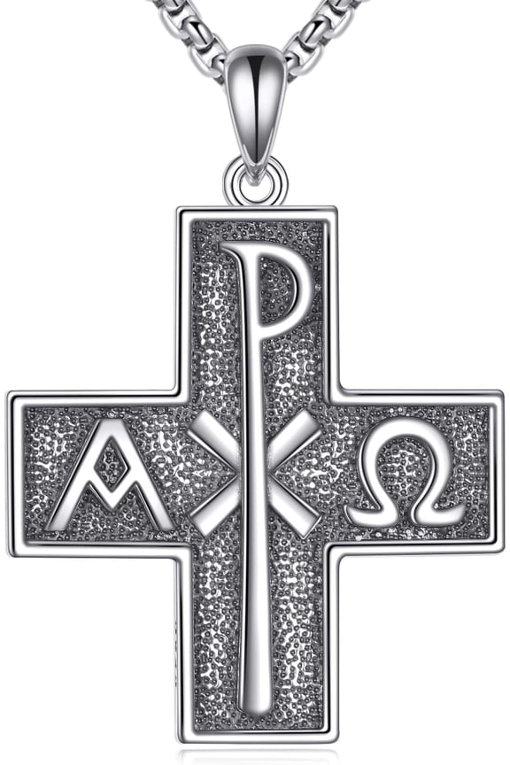 Chi Rho Cross Necklace 925 Sterling Silver Alpha Omega PX XP Symbol Cross Pendant Religious Jesus Christian Jewelry, w/Stainless Steel Chain 22"+2"