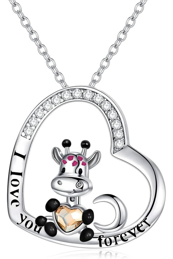 Mother Day Gifts I Love You Forever Necklace, Sterling Silver Heart Shape Pendant with Giraffe Jewelry Gifts for Women