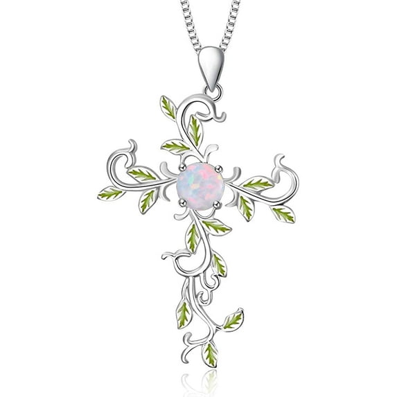 AOBOCO Christmas Gifts Sterling Silver Cross Necklace for Women, Opal Necklace Flower Jewelry Gift