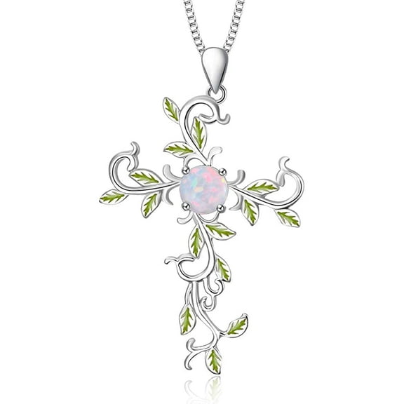 AOBOCO Christmas Gifts Sterling Silver Cross Necklace for Women, Opal Necklace Flower Jewelry Gift