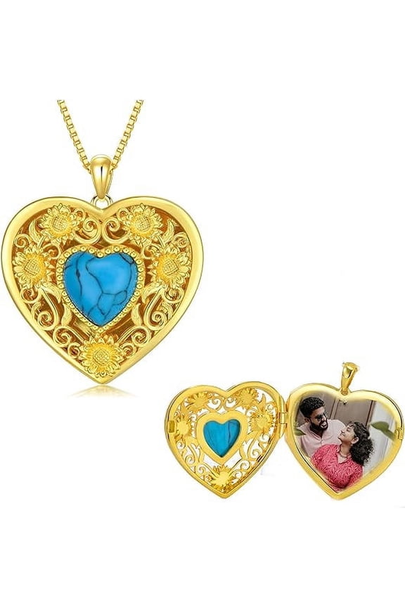 Christmas Gifts for Women, Gold Locket Necklace Sunflower Heart Locket with Natural Turquoise Pictures Necklace Photo Locket Necklace Personalized Jewelry Gifts for Women