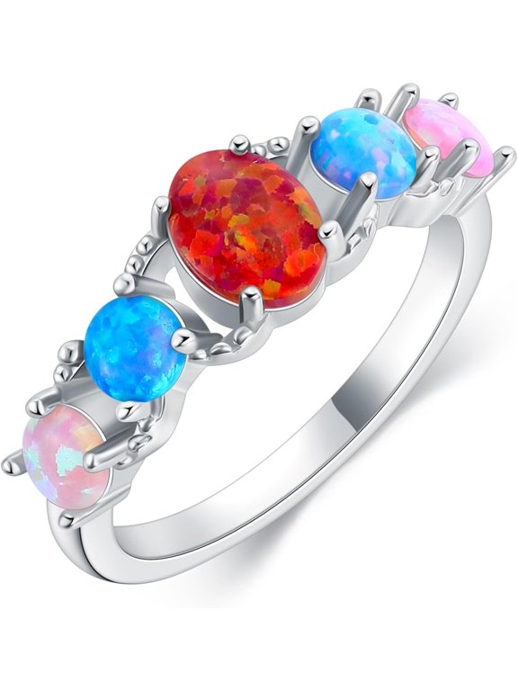 Colorful Opal Rings,Red Opal Promise Engagement Ring for Women, Silver Women Opal Rings,Blue Opal Engagement Promise Bride Bridal Ring for Women Size 5-9-1