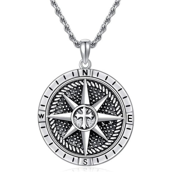 AOBOCO Compass Necklace for Men Sterling Silver Men's Compass Necklace